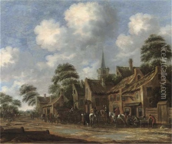 A Village With Horsemen, Carriages And Peasants Outside An Inn Oil Painting - Thomas Heeremans