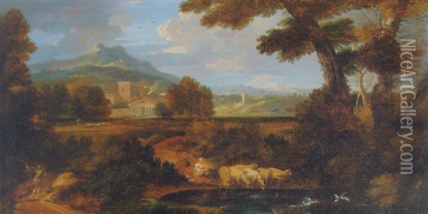 A Classical Landscape With Shepherds Watering Sheep At A Pool Oil Painting - Jan Frans van Bloemen