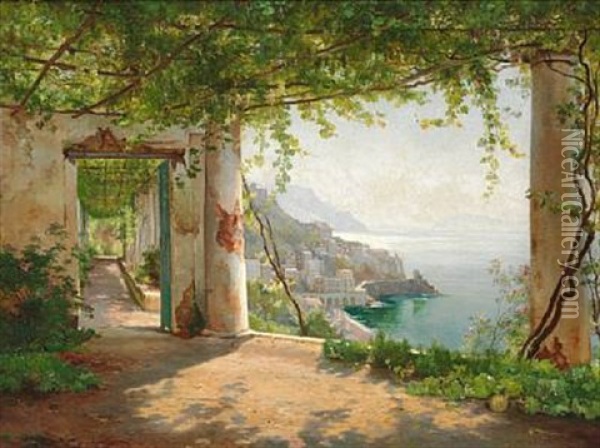 From A Loggia In Amalfi With A View Of The Coast Oil Painting - Carl Frederik Peder Aagaard