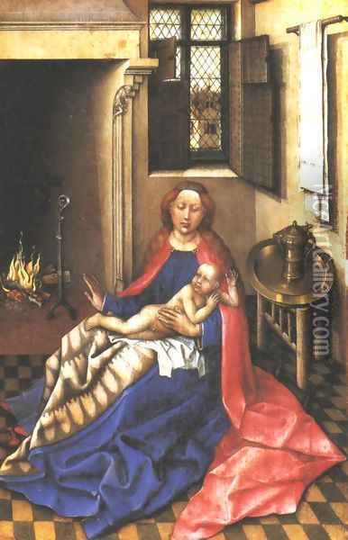 Virgin and Child Before a Firescreen Oil Painting - Robert Campin
