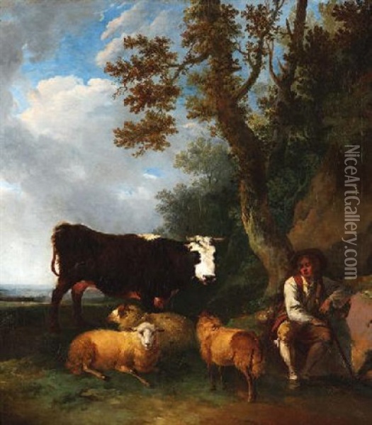 Hirte Mit Kuh Und Schafen Oil Painting - Ferdinand Kobell
