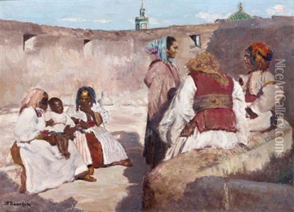 Femmes Sur La Terrasse, Fez Oil Painting - Joseph Felix Bouchor