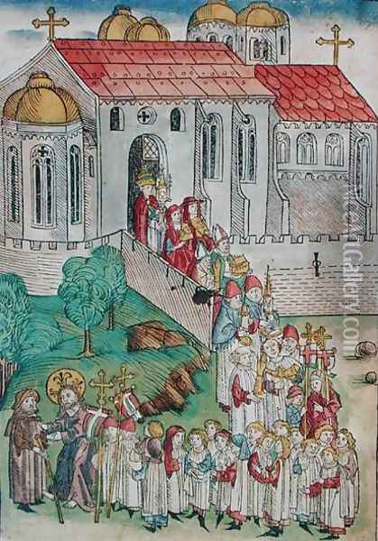 Pilgrim of Santiago de Compostela and procession, 1491 Oil Painting - Michael Wolgemut