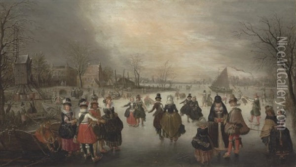 A Winter Landscape With Elegant Skaters On A Frozen Lake, A Town Beyond Oil Painting - Adam van Breen