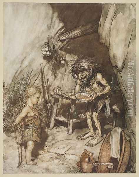Mime and the infant, illustration from Siegfried and the Twilight of the Gods, 1924 Oil Painting - Arthur Rackham