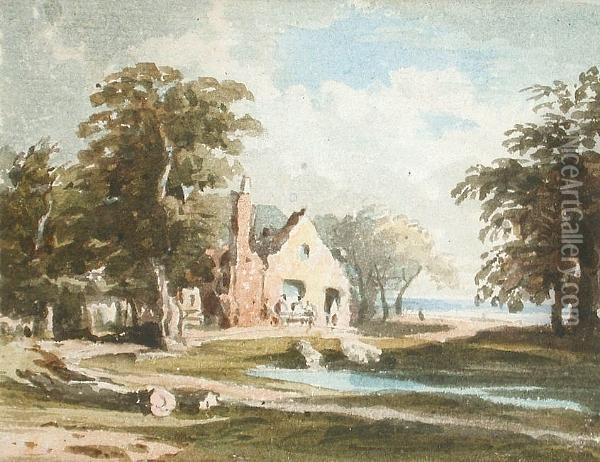 View Of A Country House By A Lake Oil Painting - John Varley