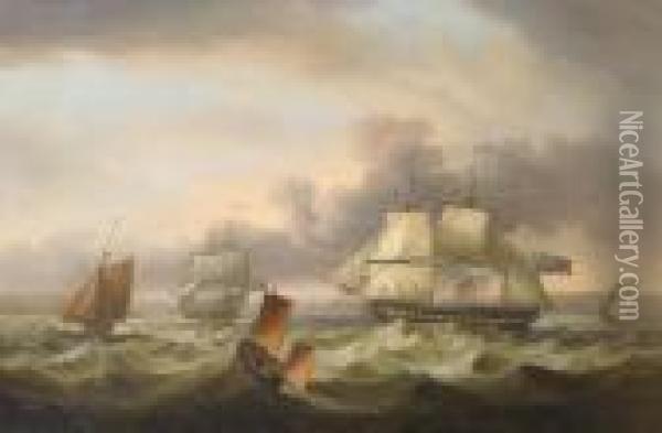 A Frigate Heaving-to For An Approaching Lugger With Other Shipping Nearby Oil Painting - Thomas Luny