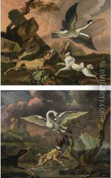 A Swan Being Chased From Her 
Nest By Three Hounds, In An Evening Landscape; A Stork Frightened By Two
 Hounds And A Spaniel Among Classical Ruins, In An Evening Landscape Oil Painting - Abraham Hondius
