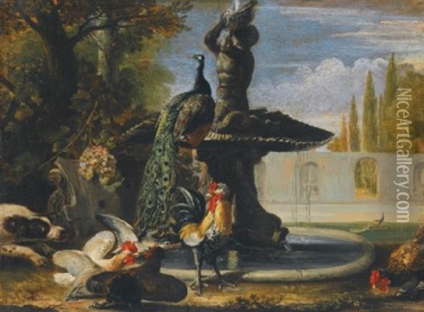 A Dog Startling Cockerels Before A Fountain With A Peacock Oil Painting - David de Coninck