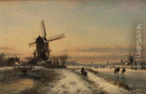 Skaters On A Frozen Canal Before Windmills Oil Painting - Lodewijk Johannes Kleijn