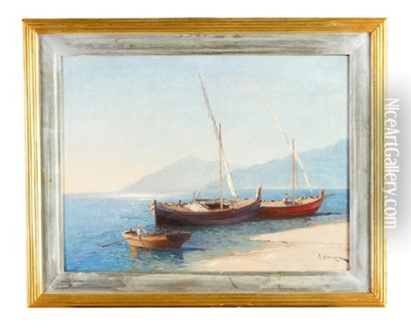 Coastal Scene With Ships And A Boat With Oar Oil Painting - Alexei Vasilievitch Hanzen