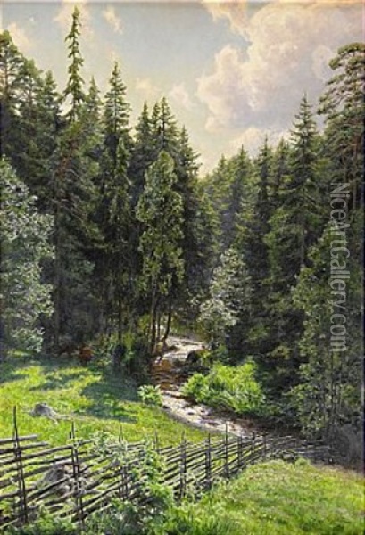 Solbelyst Skogsback Oil Painting - Johan Fredrik Krouthen