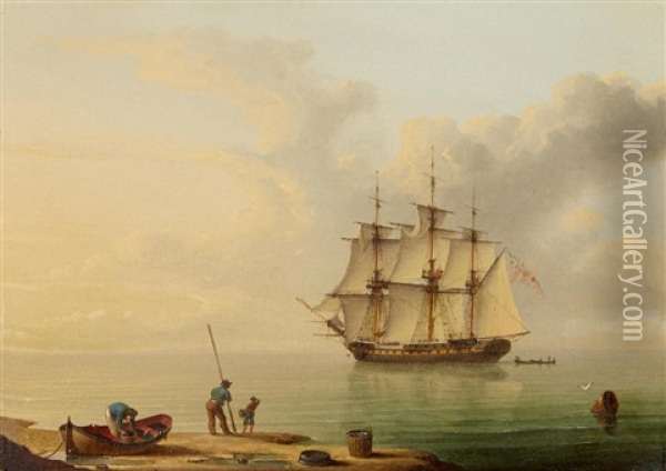Collecting Clams - A British Man O'war Departing Oil Painting - John Ward Of Hull