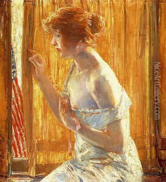 The Flag Outside Her Window, April 1918 Oil Painting - Frederick Childe Hassam