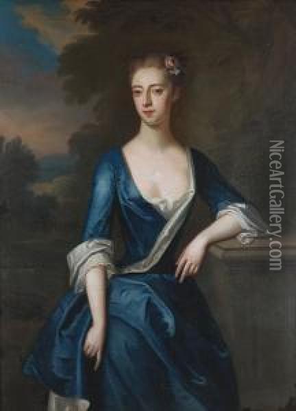 Portrait Of A Lady, Said To Be 
Elizabeth Patheriche, Standing Three-quarter-length, In A Blue And White
 Dress With Flowers In Her Hair Oil Painting - Charles Jervas