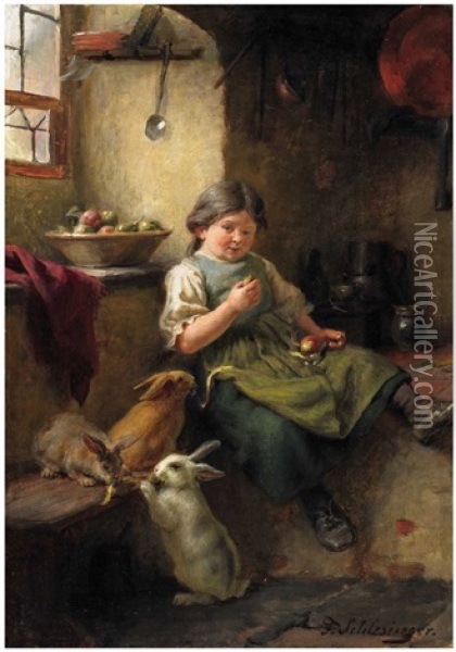 A Girl Feeding Its Hares Oil Painting - Felix Schlesinger