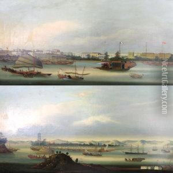 View Of Whampoa Anchorage And Thecanton Hongs Oil Painting - You Qua