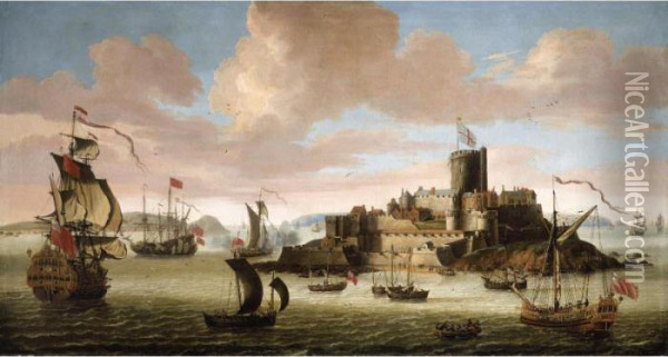 An English Ship And Other Shipping Off Castle Cornet, Guernsey Oil Painting - Jacob Knyff