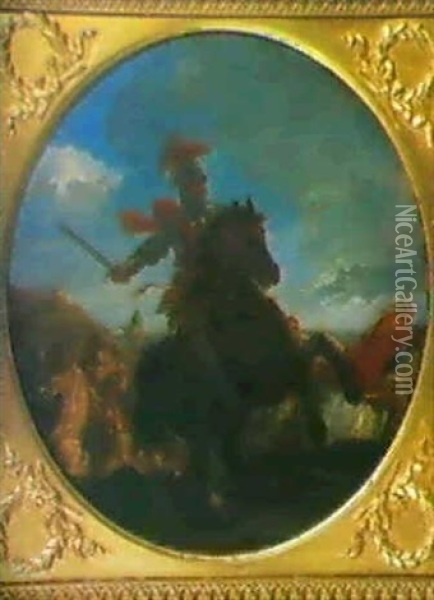 Ein Feldherr Zu Pferd In Einem Reitergefecht.               (durchmesser 30.5cm) Oil Painting - Jacques Courtois