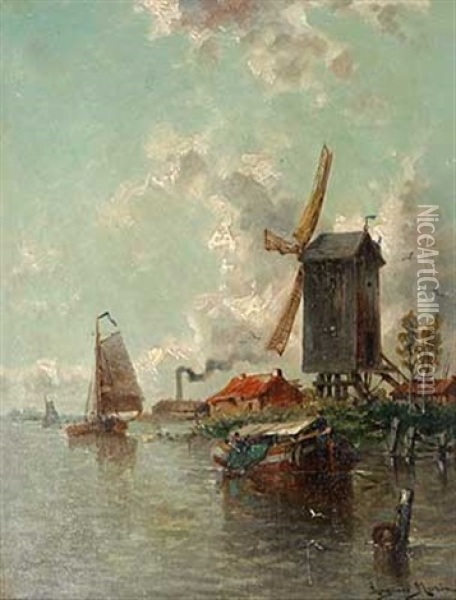 Belebter Kanal Mit Gehoft Und Windmuhle Oil Painting - Auguste Henri Musin
