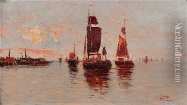 Fischerboote Bei Abendstimmung Oil Painting - Georg Fischhof