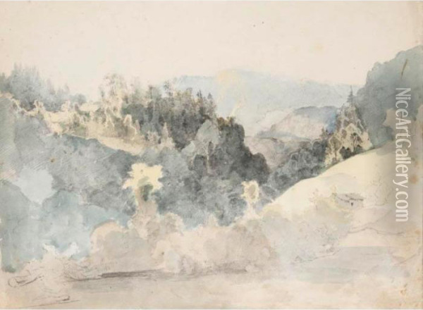 Valley In A Mountainous Wooded Landscape Oil Painting - Johann Jakob I Dorner