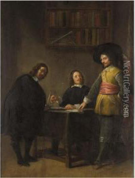 Interior With Three Men Conversing At A Table Oil Painting - Gonzales Cocques