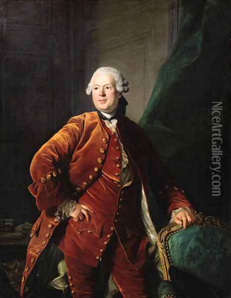 Portrait of a man, said to be Monsieur de Boulogne, three-quarter-length, in an orange velvet costume Oil Painting - Louis Michel van Loo