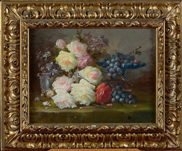 Gerbe De Roses Et De Raisins Sur Un Entablement Oil Painting - Max Carlier