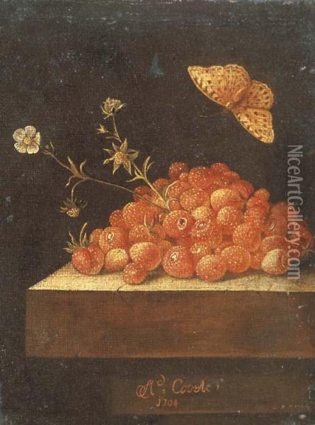 Stawberries In A Pot On A Stone Ledge With A Butterfly Oil Painting - Adriaen Coorte