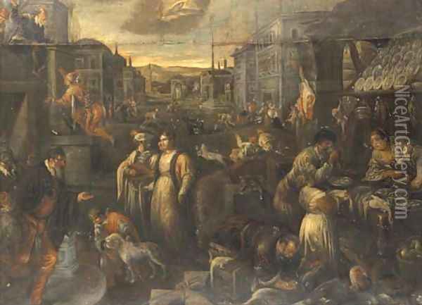 A street market with townsfolk dressed for carnival Oil Painting - Jacopo Bassano (Jacopo da Ponte)
