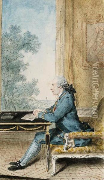 A Seated Gentleman In Profile To
 The Left Writing A Letter At Adesk In Front Of An Open Window Oil Painting - Louis Carrogis Carmontelle