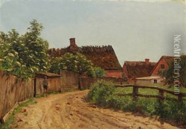 Villagescape With A Boy Walking Along A Gravel Road Oil Painting - Godfred Christensen