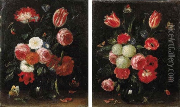 Roses, Tulips, Carnations And Other Flowers In A Glass Vase On A Stone Ledge With Butterflies And A Caterpillar Nearby Oil Painting - Jan van Kessel the Elder
