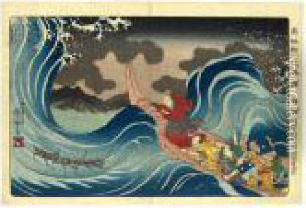 ````sashu Ryukei Kakuda Nami 
Daimoku' (in The Waves At Kakuda On The Way To Sado Island) From The 
Series ````koso Goichidai Ryakuzu' (a Short Pictorial Biography Of The 
Founder Of The Nichiren Sect) Oil Painting - Utagawa Kuniyoshi