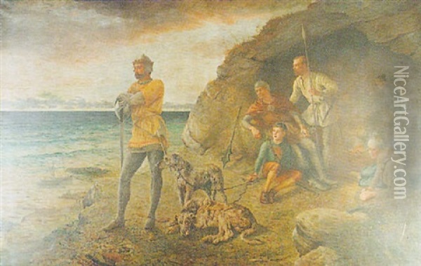 Robert The Bruce And His Men By A Coastal Cave Oil Painting - Robert B. Johnston