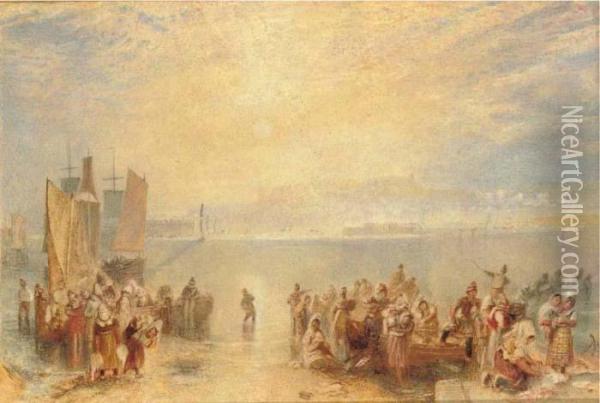 Granville: Fisherfolk On The Beach At Sunset Oil Painting - Joseph Mallord William Turner