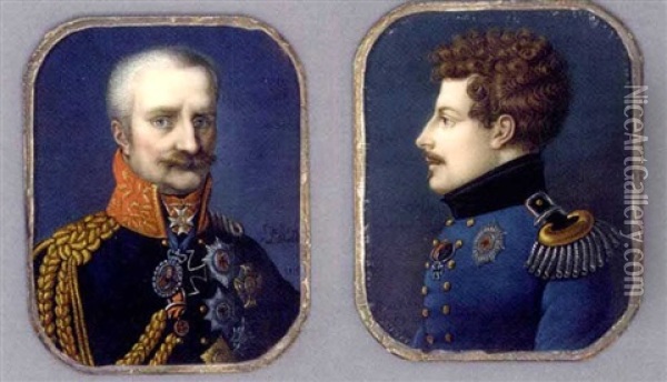 Gebhard Lebrecht Von Blucher, Prince Of Wahlstadt, In Blue Coat With Gold Embroidered Red Collar, Gold Epaulette And Lacing, Wearing Numerous Orders Oil Painting - Raymond De Baux