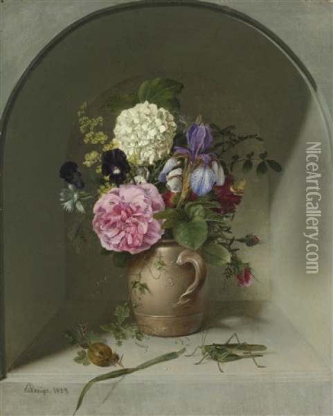 Flowers In A Clay Jug On A Niche With Grasshopper Oil Painting - Johann Wilhelm Preyer