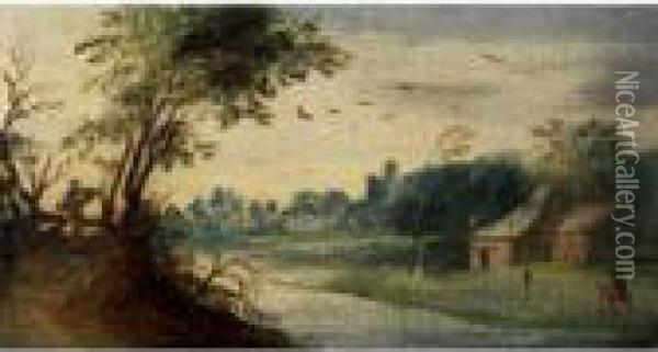 Kleine Niederlandische 
Landschaft Mit Flusslauf, Strohgedecktenhausern Und Figurenstaffage Oil Painting - Jan Griffier I