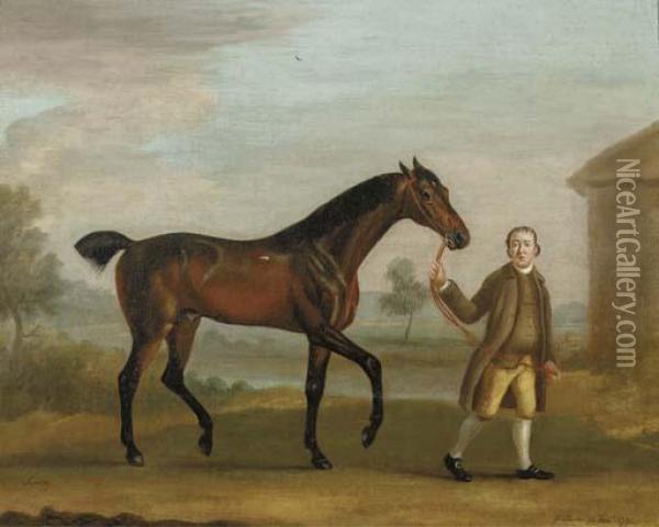 A Bay Hunter And A Groom In A Landscape Oil Painting - J. Francis Sartorius