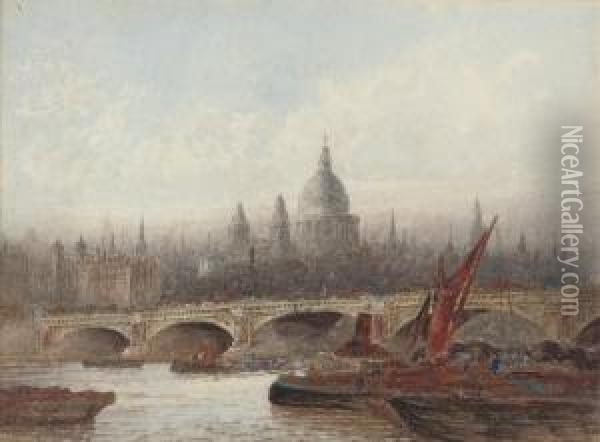 The Thames At Blackfriars Bridge, St. Paul's Cathedral Beyond Oil Painting - Frederick E.J. Goff