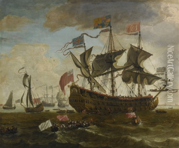 A Gathering Of English Ships, Possibly Depicting The Royal Prince Oil Painting - Willem van de Velde the Younger