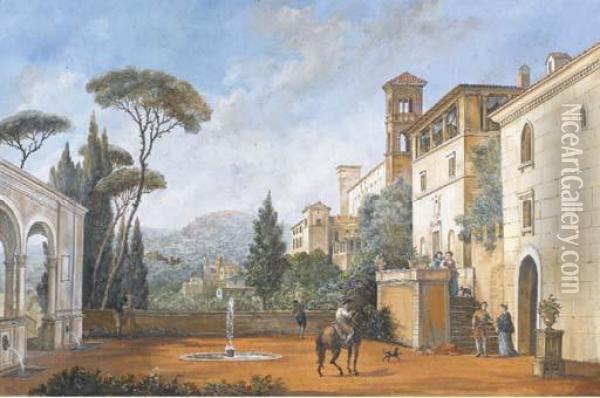 Cour Interieure D'une Villa Italienne Avec Personnages, Dont Un Cavalier Oil Painting - Pietro Ronzoni