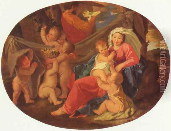 Holy Family with angels, Oval Oil Painting - Nicolas Poussin
