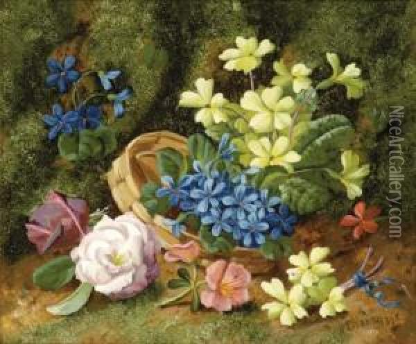 Flowers In A Basket On A Mossy Bank Oil Painting - Horace Mann Livens