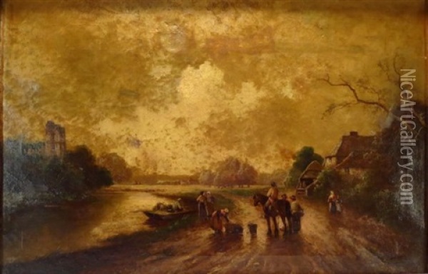 Figures Along River With Rowboat Oil Painting - James Walter Gozzard