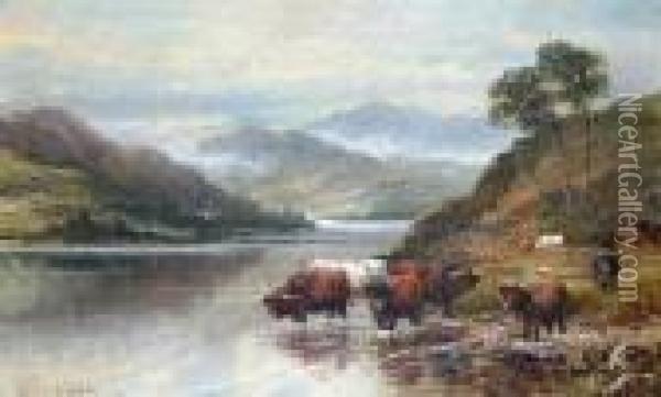 Highland Cattle Watering By A Loch Side Oil Painting - William Langley