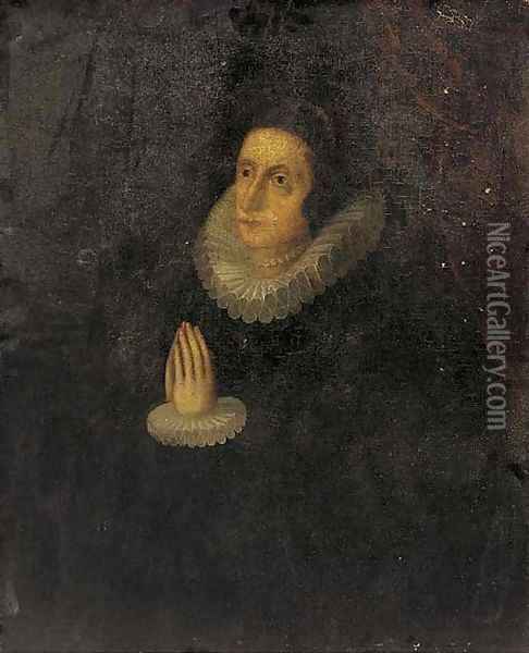 Portrait of a lady, three-quarter-length, in a black dress and lace collar and cuffs, at prayer Oil Painting - English School