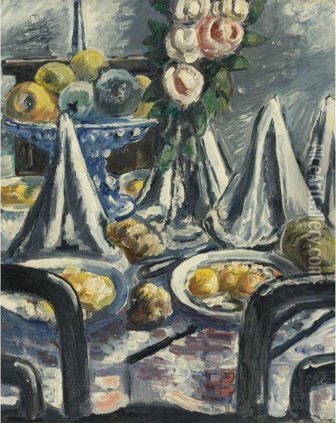 Gedeckter Tisch Mit Servietten Und Rosen (table Set With Napkinsand Roses) Oil Painting - Paul Kleinschmidt